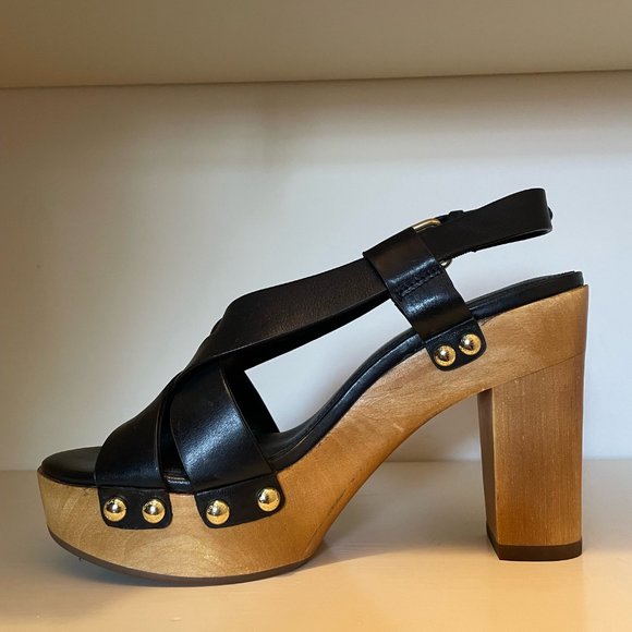 COACH Wooden Platform Sandals 70's Inspired Size 37 (6.5US) Black Leather - Picture 3 of 5